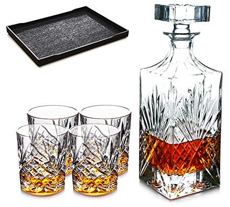 Sans Plomb Coffret Cadeau Carafe À Whisky Avec 4 Verres À Whisky Et Plateau Ensemble De Carafe À Liqueur En Cristal Pour Scotch Whisky En Coffret Cadeau,A