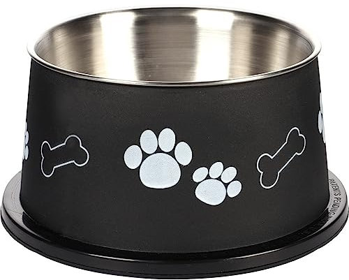 Flamingo Gamelle pour la Nourriture et l'eau Longues Oreilles Kena Noir/Argent 900ml – Bol Profond Antidérapant pour Chiens à Grandes Oreilles | Hygiène et Confort au Quotidien