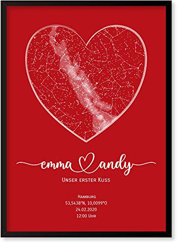 Personalisierte Sternenkarte - Sternenhimmel Poster - Die Sternenkarte vom Wunschdatum mit Wunschtext - Personalisiertes Geschenk für Paare - Kennenlernen, Verlobung, Hochzeit (Rot/Rot)