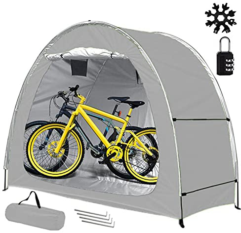 HHUK Bicycle Tent Cover,Bike Storage Shed,Portable Outdoor Waterproof Tents Bicycle Shelter with A Snowflake Tool and Combination Lock,for Store 2 Bikes or Tricycle or Gardening Tools (Silver Gray)