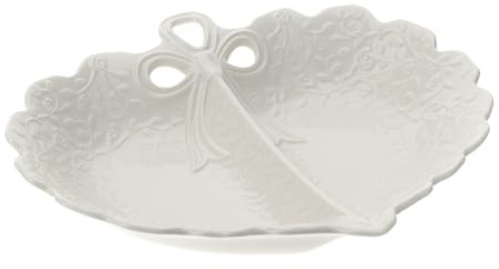 Hervit Piatto Snack in Porcellana Romance con rilievo di rose bianche - Scatola Regalo - Piatto a Forma di Cuore, Porta snack, Appetizer, Antipastiera, Aperitivo - 29x25cm