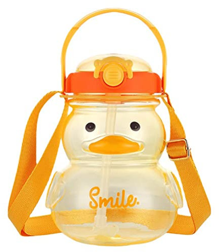 Eomsky 1000 ml Cute Cartoon Duck Straw Cup with Handle and Adjustable Strap, Yellow Duck Straw Bottle, Portable Reusable Drinking Cup for Milk, Water, Juice