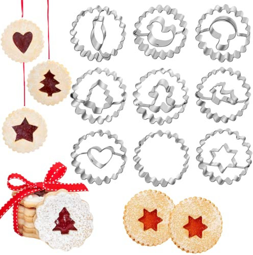 Keepaty 9 Piece Christmas Linzer Cookie Cutter, Mini Linzer Cookie Cutters, Stainless Steel Cookie Cutter Set Mini Fluted Round Biscuit Cutters for Party Baking DIY Fondant
