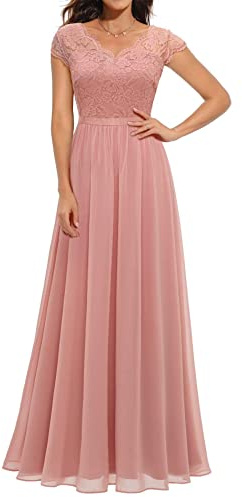 ECDAHICC Damen Elegant Spitze Rüschen Maxikleid V-Ausschnitt Kurze Ärmel Hohe Taille Brautjungfernkleid Langes Abendkleid PI2-L