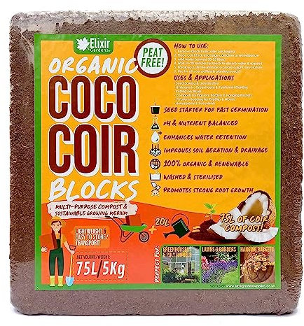 Elixir Gardens 75 Litre x 1 Organic Coco Coir Compost Blocks/Bricks Peat-Free Pre-Washed Compressed | Natural Peat-Free Growing Medium/Potting Soil & Reptile Vivarium Bedding