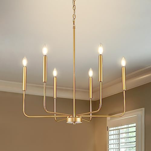 ONESMING Modern Gold Chandelier for Dining Room,Metal 6-Light Kitchen Light Fixtures,Farmhouse Candle Hanging Pendant Light for Living Room Entryway Foyer Bedroom (Bulb Not Included)