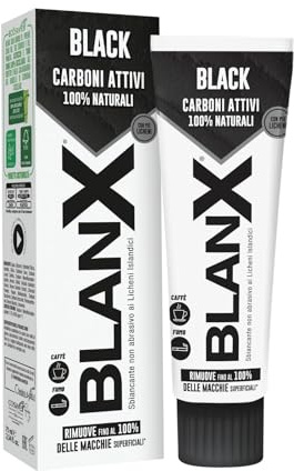BlanX, Zahnpasta Black, aufhellende und schmutzabweisende Zahnpasta, mit Aktivkohle und isländischen Flechten, 100% natürlich, entfernt Kaffeeflecken, Rauch und Tee, vegan, 12 x 75 ml