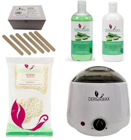Dermawax Profi Waxing Set zur Haarentfernung 1000 ml Wachswärmer Made in Spanien 800 g Kokosnuss Wachs 500 ml Aloe Vera Vorbehandlungslotion 500 ml Aloe Vera Nachbehandlungsmilch 200 Stück Holzspatel