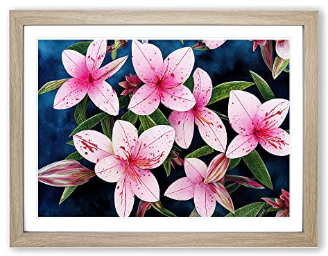 Rhododendron Flower Art Blue, Blue, Yellow Framed Wall Art Print - Ready to Hang Picture - Modern Art for Living Room Bedroom Kitchen Home - Oak A4 (27 x 36 cm)