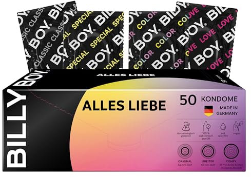 BILLY BOY Kondome Alles Liebe 50er | 52 mm, 55 mm, 56 mm | Kondommix in verschiedenen Passformen | Transparent, farbig, fruchtig, Rippen/Perl & mit integriertem Ring | (1x50 Stück)