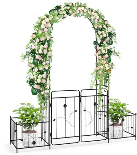 HOMASIS Rosenbogen Metall, Gartenbogen mit Tür, Torbogen mit 2 Eisenzäune, Rankhilfe Rankgitter für Rosen & Kletterpflanzen, Rosengitter für Partys, Hochzeit, Garten, 202 x 50 x 220 cm, Schwarz