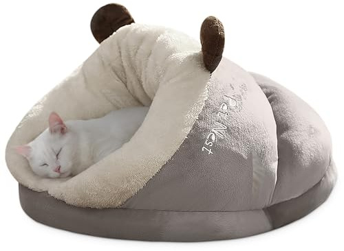 ALLSOPETS Cama Cueva para Gatos y Perros Pequeños, Cama Cálida de Peluche Suave para Invierno, Casa Interior para Mascotas con Fondo Antideslizante (Gris Acogedor, L)