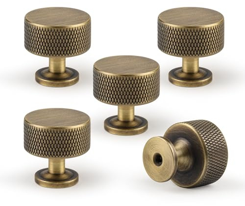 Urnew Antique Brass Kitchen Cabinet Knobs 5 Pack, 1.1Inch Knurled Brass Dresser Drawer Pulls, Modern Furniture Hardware Handles for Cupboard Wardrobe Vanity Closet Door