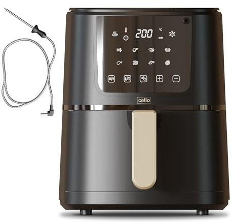 Cello 4 Litre 1400W Digital Air Fryer in Black with In-Built ProChef Food Thermometer 8 Presets, Grill, Roast, Bake, Recipes included, Non-Stick, Touch Control, Compact, Dishwasher Proof