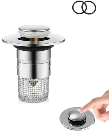 HYSHLC Waschbeckenstöpsel, Abflussstopfen Waschbecken aus Edelstahl für 34-40mm Abfluss Ablauf Universal Pop Up Abflusssieb Waschbecken mit Haarsieb für Aufsatzwaschbecken (1)