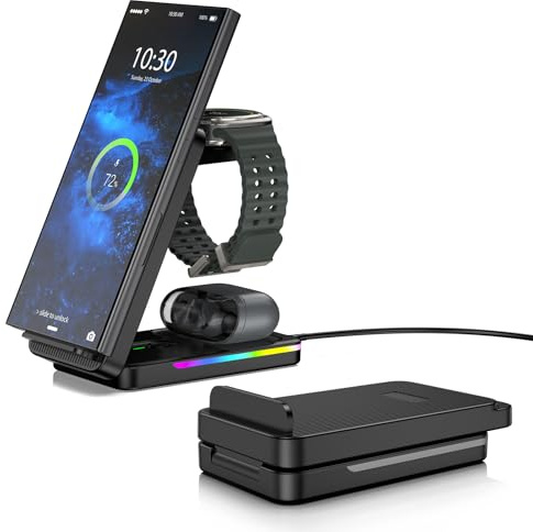 Chargeur sans Fil pour Samsung S25 Ultra/Fold 7, Station de Charge pour Galaxy S24/S23/Fold 6/Galaxy Bud, Station de Charge 3 en 1, Chargeur de Montre pour Samsung Watch 8/Ultra/7/6