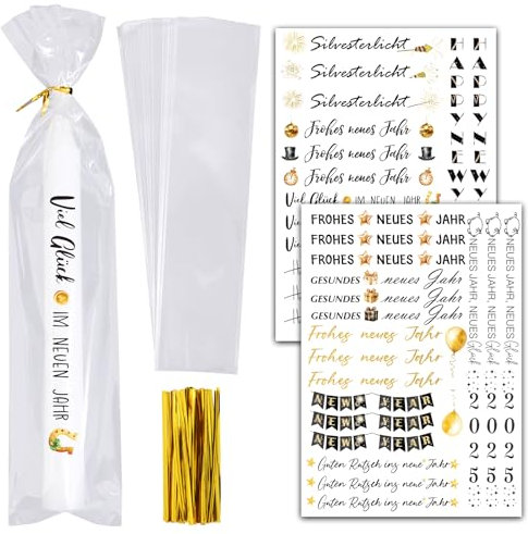 BOOMTOP Kerzen Tattoo Silvester 2026 2Blatt Kerzen Tattoos Aufkleber Frohes Neues Jahr Rub On Sticker Neujahr mit 50x Kerzentüten Candle Bags Silvester Kerzensticker für Stabkerzen Tasse Gold