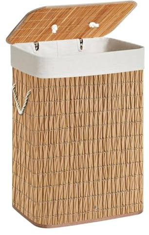 Wäschekorb mit Deckel, Wäschesammler aus Rattan mit Griff, abnehmbare und waschbare Innenhülle, verstärkte Bambusstreifen an der Innenwand (Natural, 72L (40 x 30 x 60 cm))