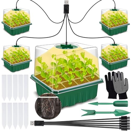 ZQEJEFD Mini Serra Germinazione, Set di 5 Vassoi per Germinazione Mini Serre con Luce per Piante,Vassoi per Coltivazione con Coperchio,10 Etichette,2 Strumenti,Guanti, Piantine Vassoio di Germinazione