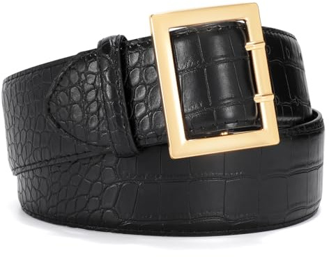 VONMELLI Breiter GüRtel Damen füR Kleid Moden LedergüRtel Goldener Schnalle TaillengüRtel Damen füR Mantel Mit Quadratischer Schnalle Schwarz Mit Goldener Schnalle L