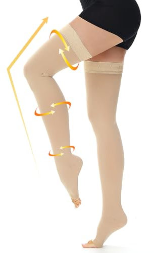 Beister 1 Pair Compression Stockings for Women & Men, 20-30 mmHg Thigh High Pressure Stockings with Dot Silicone Band, Open Toe Compression hose for Varicose Vein, Flight, Edema, DVT