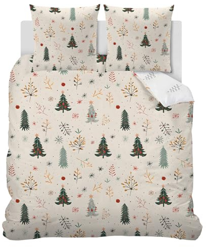 Linfye Bettwäsche 220x240 cm Cremefarbener Weihnachtsbaum Bettwäsche-Sets Bettbezug 220 x 240 cm + 2 Kissenbezug 80x80 cm, Schneeflocke Muster Weich Mikrofaser Bettbezüge 3 Teilig mit Reißverschluss