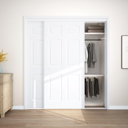 JUBEST Sliding Closet Door 72(Double 37) x80, 6-Panel Steel Frame Bypass Primed Door with Top & Bottom Track Kits, Preassembled Hardboard Panels with Paintable Surface, Durable & Sturdy