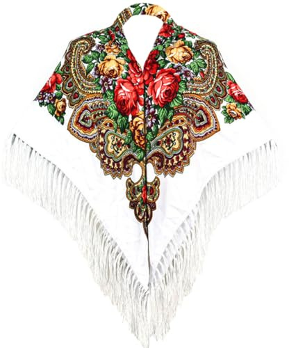 LOVNBHELP Russian Shawl Women's Russian Style Warm Scarf Traditional Spring Easter Wrap Shawl with Tassel Fringes Retro Cape Scarf 43.3X43.3 Inch/White