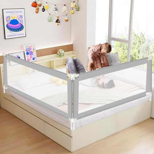 Ikodm Sänggaller, hopfällbart, 180 cm och 200 cm, sängskydd, justerbar höjd från 68–95 cm, fallskydd säng, barnsängsskydd för barn, babysängsgaller, lätt att montera, grå