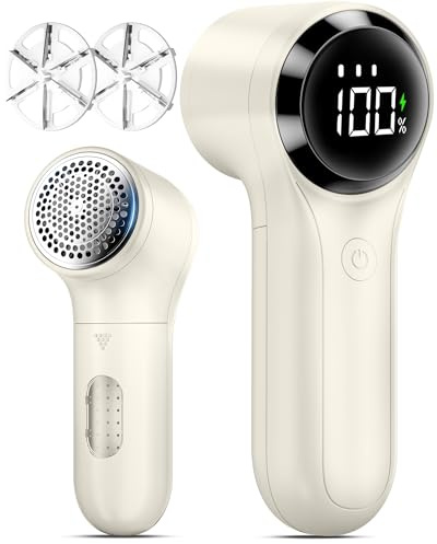BZGG Quitapelusas Electrico Recargable, Pantalla LED Maquina Quitar Bolitas Ropa, Quita Pelusas para Ropa Electrico 1200 mAh, 3 Velocidades Ajustables Quita Bolas de la Ropa con 6 Cuchillas,Beige
