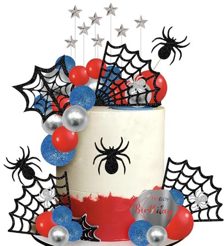 Xsstarmi Spider Theme Cake Topper Decoration Spider Web Star Balls Cake Pick for Baby Shower Boys Kids Birthday Party Cake Decorations Supplies
