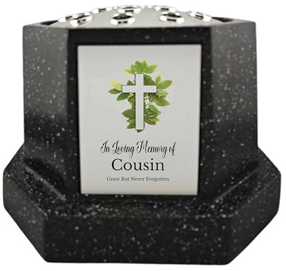 In Loving Memory Of Memorial Octagon Rose Bowl Grave Marker Flower Pot Vase With Cross Design Mum Dad & Lots More Black/Silver (UV PRINTED) (Cousin)