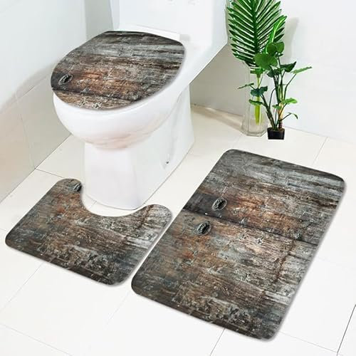 Badrumsmatta grå brun trä WC matta med urtag WC lockskydd 3 delar WC matta halkfri badrumsset U-formad badmatta tvättbar badrumsmatta set 50 x 80 cm