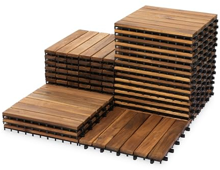 VICTORY RELAX Natural Acacia 12x12 Interlocking Wood Deck Tiles for Balcony, Garden, Patio, Poolside Decor - Waterproof Indoor & Outdoor Flooring - 12 Slats, Round Joints, Pack of 27, White Oak Color