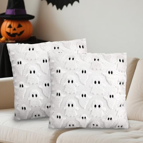 Halloween Kissenbezug 45x45 cm, 2 Stück Geister Kissenbezug, Modern Halloweens Deko Innen, Herbstdeko Innen Aesthetic, Gespenster Deko Kissenbezug Dekoration für Zimmer Sofa Schlafzimmer Zuhause