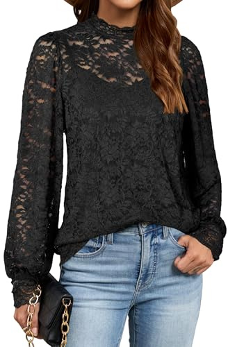 LAISHEN Womens Long Sleeve Tops with Cami Plain Mock Neck Lace T Shirt Casual Dressy Blouse 2 Piecs Set Black,XXL