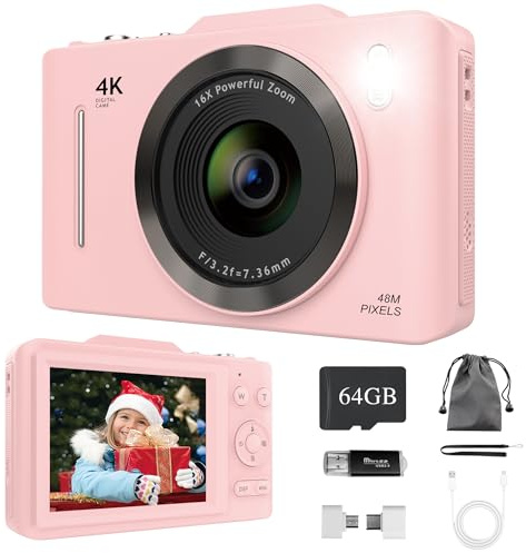 Bemkia Digital Camera 4K 48MP - 16X Zoom & 2.8 LCD Screen, Autofocus | Anti-Shake, All-in-One Vlogging Camera with 64GB Memory Card for Kids Beginners Students (Pink)
