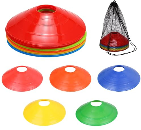 Coni da Allenamento, Cinesini per Allenamento Calcio, 20 Pezzi Coni a Disco per Il Calcio, Coni Marcatori, Coni da Calcio con Borsa a Rete, per l'Allenamento del Calcio e Marcatura del Campo, 5 Colori
