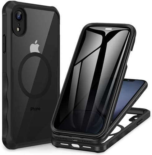 CENHUFO Magnétique Anti Espion Coque iPhone XR, [Compatible avec MagSafe] Protection écran Verre Trempé 9H intégré, 360 Degrés Antichoc Téléphone Housse Double Face Case Intégrale Etui - Noir