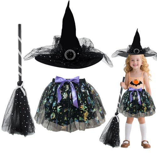 panemy Halloween Costume Girls, Children's Halloween Costume Witch with Witch Hat and Broom, Witch Costume Children for Halloween, Fancy Dress, Parties (Black)