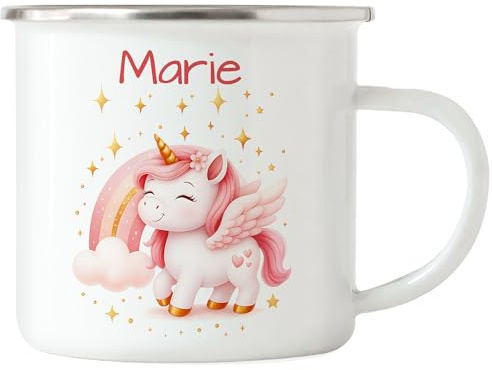 Kiddle-Design Einhorn Tasse Kinder Personalisiert mit Name - Kinderbecher für Kita, Kindergarten - Kindertasse mit Einhorn-Motiv als Trinkbecher, Zahnputzbecher - Einhorntasse Emaille Blau