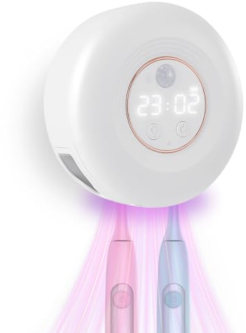 UV Desinfektions Zahnbürstenhalter, Kabelloser Automatischer Zahnputzhalter mit Trocknungsfunktion und Nachtlicht, 2000mAh, USB Ladefunktion & Digitaler Anzeige, Wandmontierter Zahnbürsten-Sterilisato
