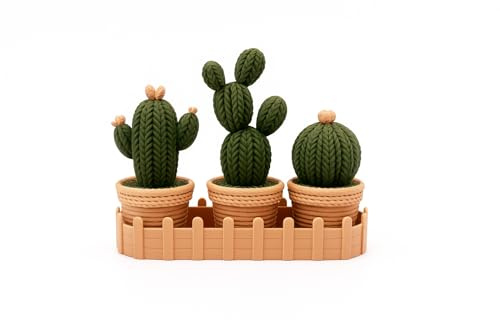 Pentamenta Set 3 Cajas Decorativas Cactus con Base – Diseño Crochet de Ganchillo | Joyero Original, Caja de Almacenaje y Decoración de Escritorio | Mini Macetas Decorativas con Bandeja