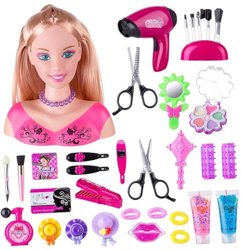 Testa di bambola per acconciature modello per bambini, testa di bambola per acconciature 35 pezzi/set simulata per bambini con asciugatrice alimentata a batteria fantasiosa e trucco apprendimento