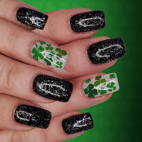 Lot de 24 faux ongles en ABS avec paillettes noires et trèfles verts, solution longue durée, festival
