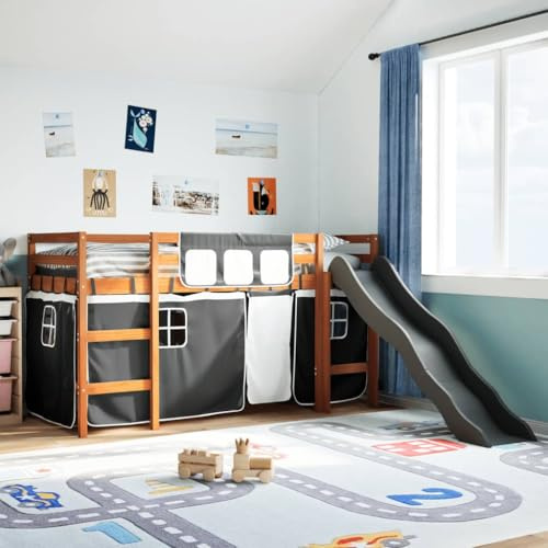 Ordellia Lit mezzanine pour enfant avec toboggan, rideaux blanc et noir, pin massif, 205,5 x 93 x 113,5 cm, cadre de lit sûr, pour chambre d'enfant, charge maximale de 100 kg