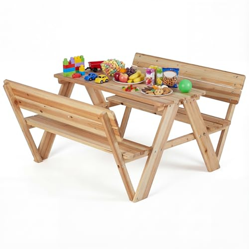 DREAMADE Kinderpicknicktisch aus Massivholz, Outdoor Kindersitzgruppe mit Bänken & Rückenlehnen für 4 Personen, Mehrzweck Kinder Tisch Stuhl Set für Terrasse, Garten, Hinterhof, Natur