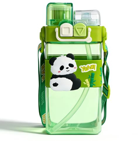 WFKKMEQ Panda Bouteille D'eau, 520ml Gourde pour Enfants Bouteille de Plastique Gourdes de Sport Enfant Gourde Portable Anti-Fuite Tasse Réutilisable Gourdes pour Voyage, École, Travail(Vert)
