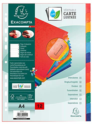 Exacompta - 2212E - Separadores en cartulina FSC® brillo de 225g/m2 con 12 pestañas de colores neutros - reforzado y plastificado - Tira perforada reforzada - Formato para archivo A4