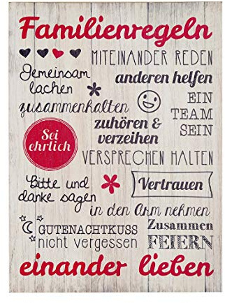 GILDE Wandbild Weisheit Familienregeln creme rot/schwarz Höhe 50 cm, Wandmontage, Holzwerkstoff, 50 x 36 cm, Modern, Schwarz, Rot, Rechteckig